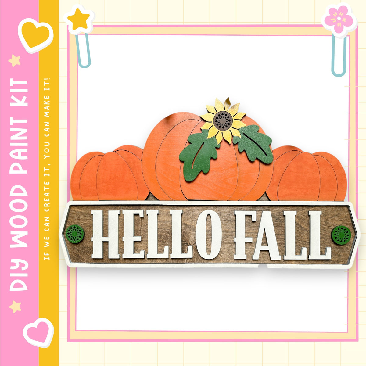The image is a colorful and festive fall-themed collage featuring a wooden sign with the text "Hello Fall" and various autumn-themed elements such as pumpkins and a sunflower.