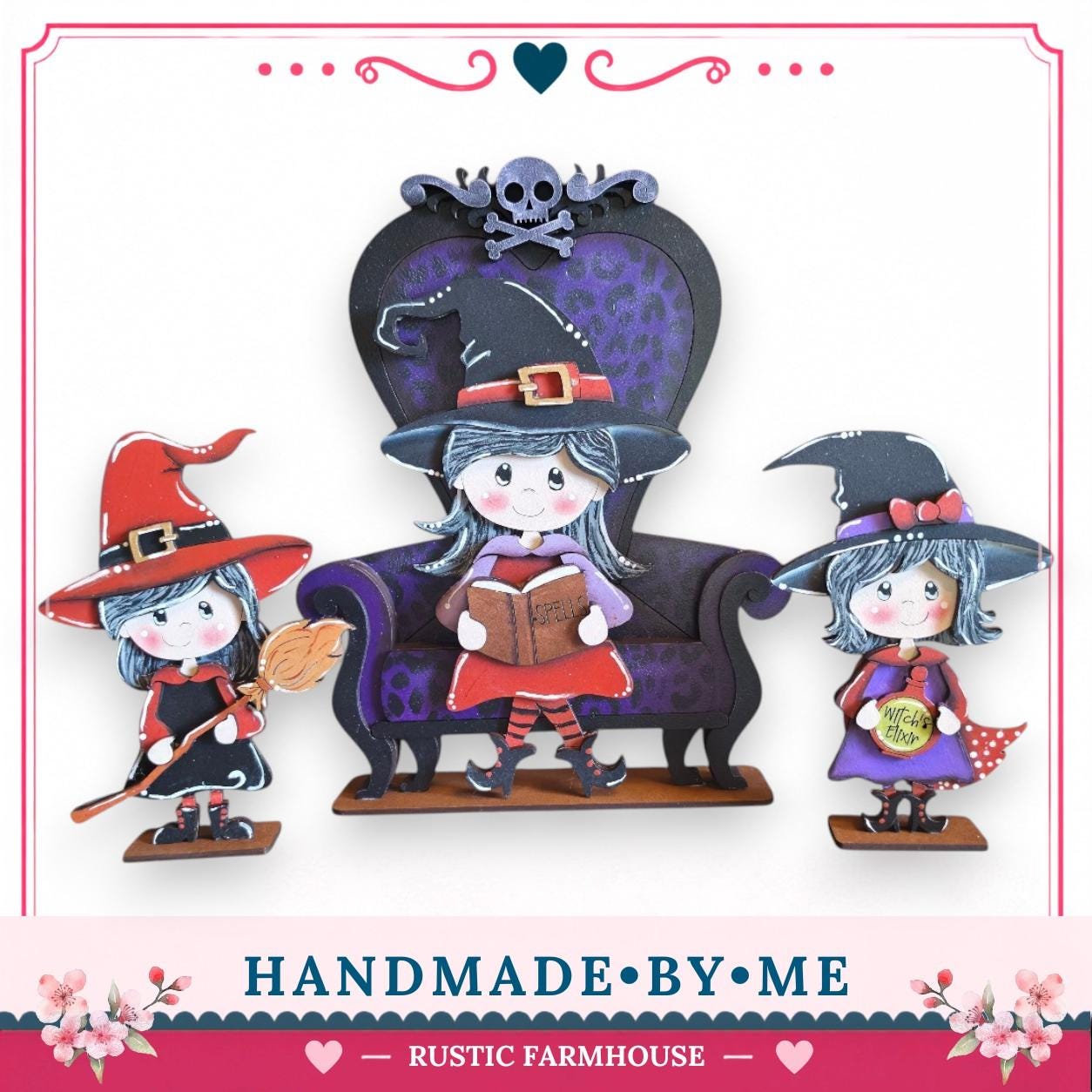 three small, cartoonish figures of girls dressed as witches, each holding a broom and a book. They are arranged in a row, with the central figure sitting on a purple chair. The background of the image is white, and there is a heart shape at the top left corner. The image also includes text that reads "HANDMADE BY ME" and "RUSTIC FARMHOUSE".