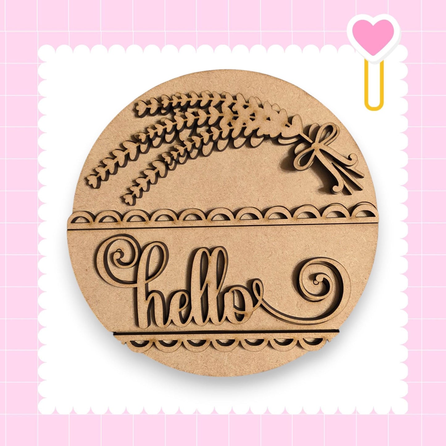 A wooden sign with the word "Hello" carved into it, surrounded by decorative elements.