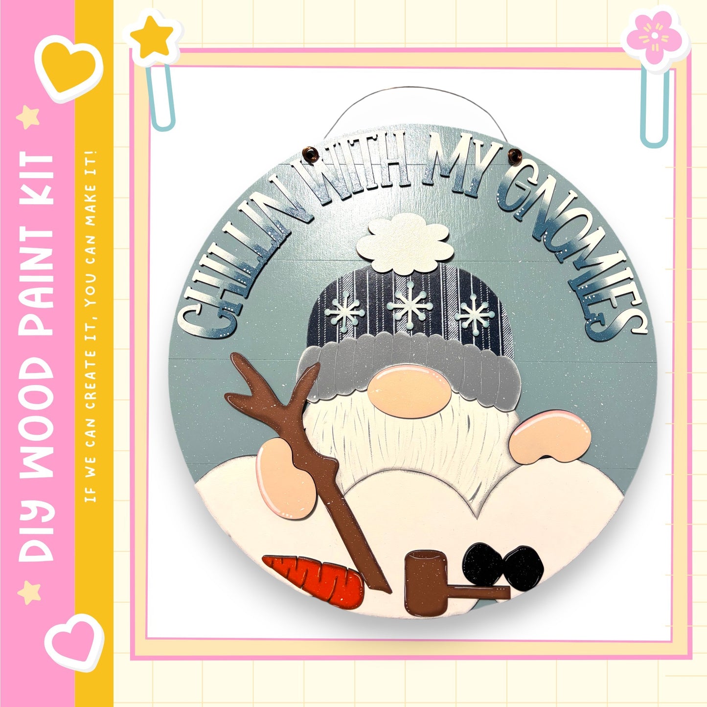 A wooden sign featuring a gnome holding a carrot and a snowman, with the text "Chilling with my gnomes" written on it.