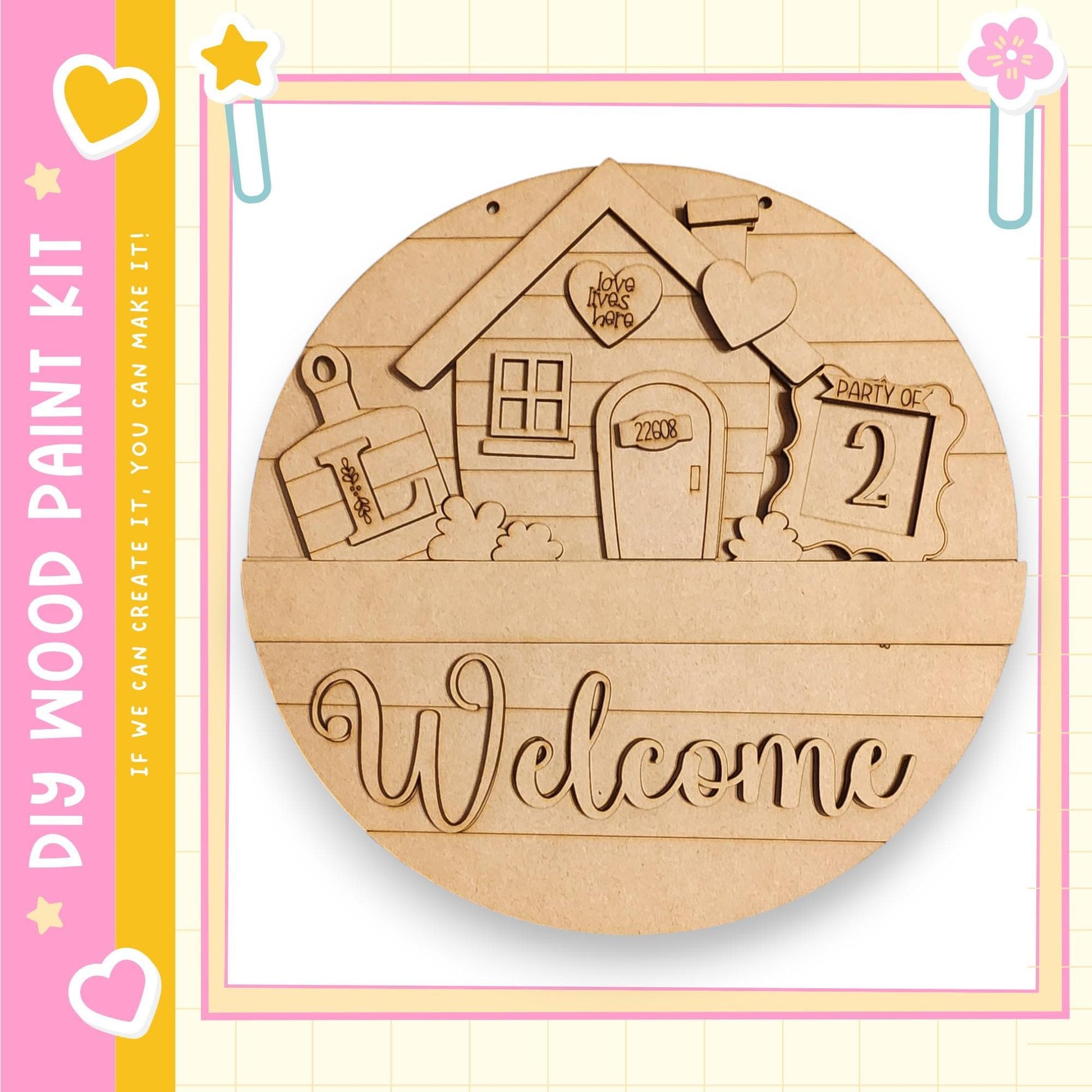 The image is a wooden sign with the word "Welcome" carved into it, surrounded by various decorative elements such as hearts and a star.