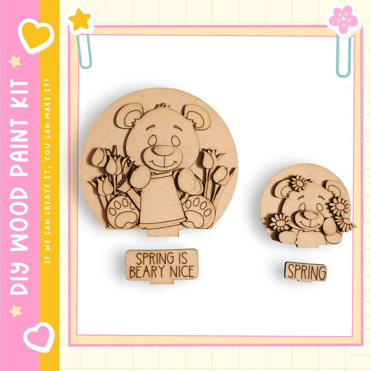 two wooden shapes, each depicting a bear, with the word "Spring" written below them.