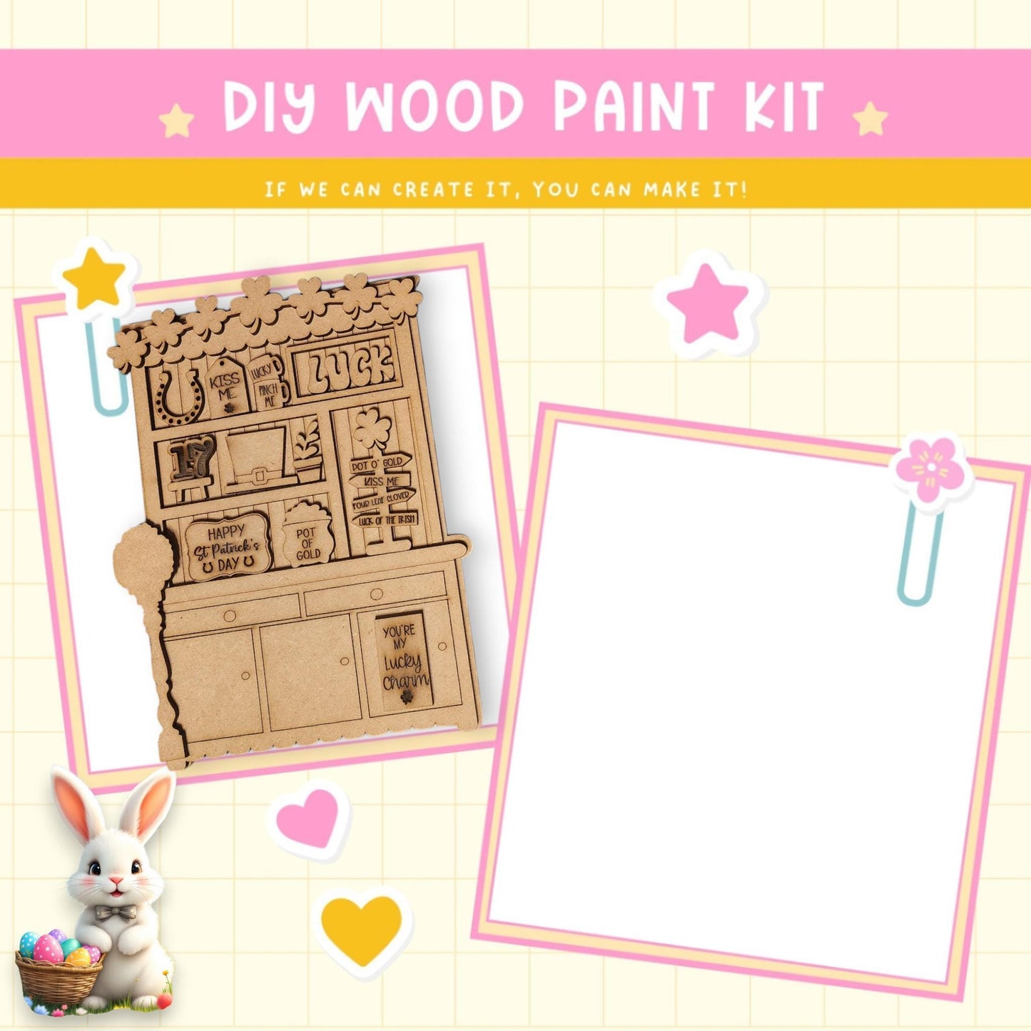 a picture of a wooden painting kit with a bunny next to it