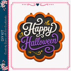 a Halloween-themed sign with the text "Happy Halloween" in a decorative font.