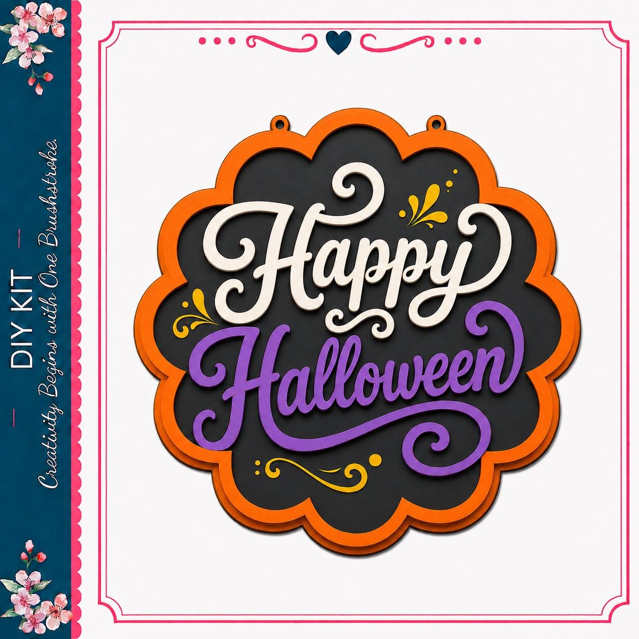 a Halloween-themed sign with the text "Happy Halloween" in a decorative font.