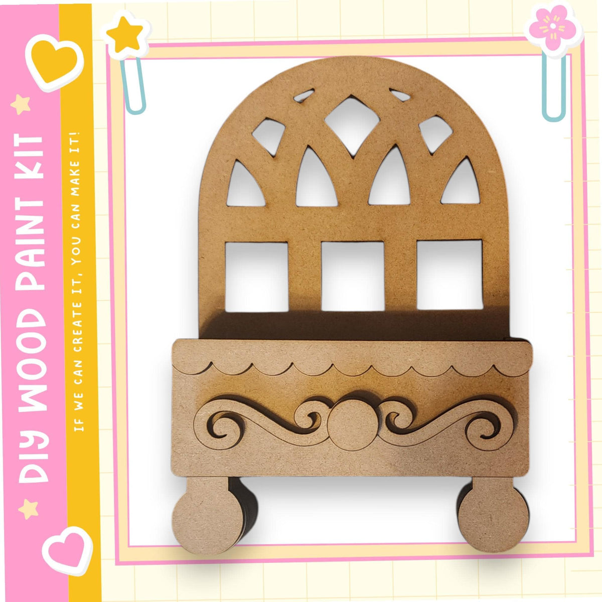 a wooden craft kit, specifically a DIY paint kit, designed for creating a wooden structure with a decorative element.
