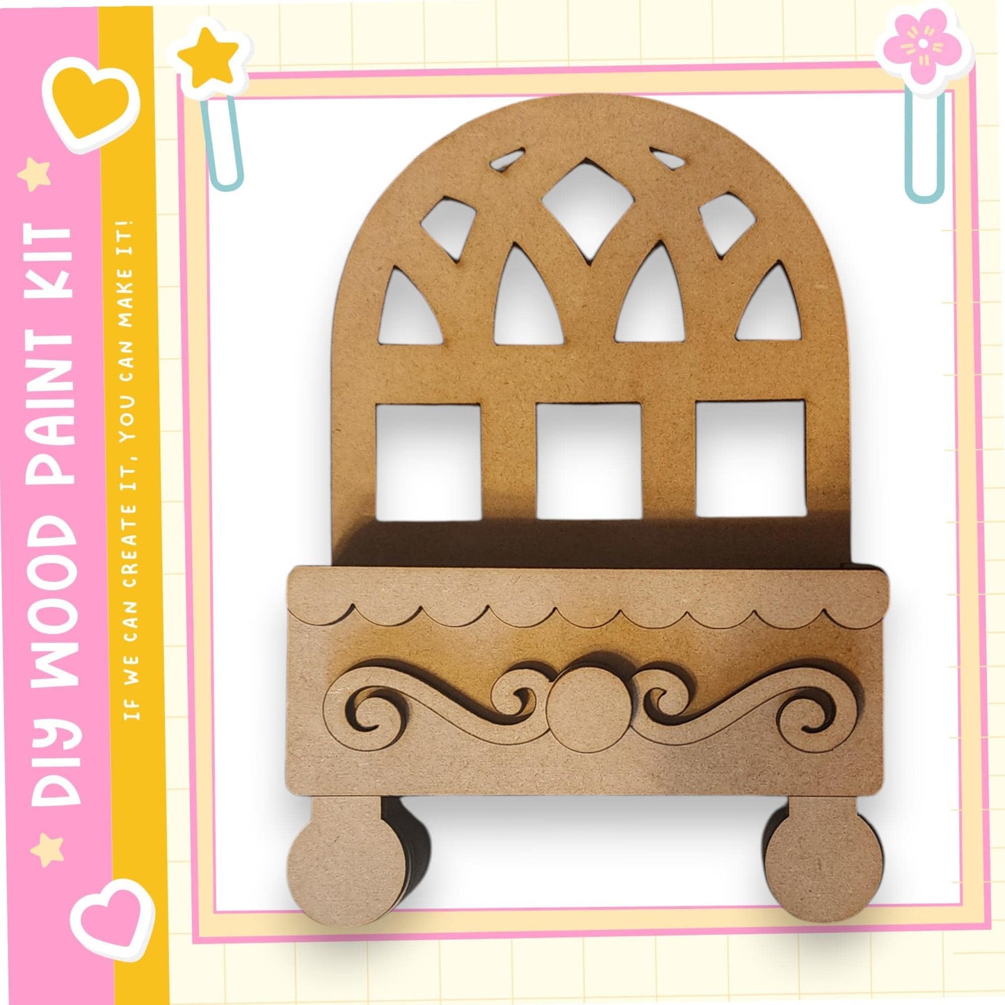a wooden craft kit, specifically a DIY paint kit, designed for creating a wooden structure with a decorative element.