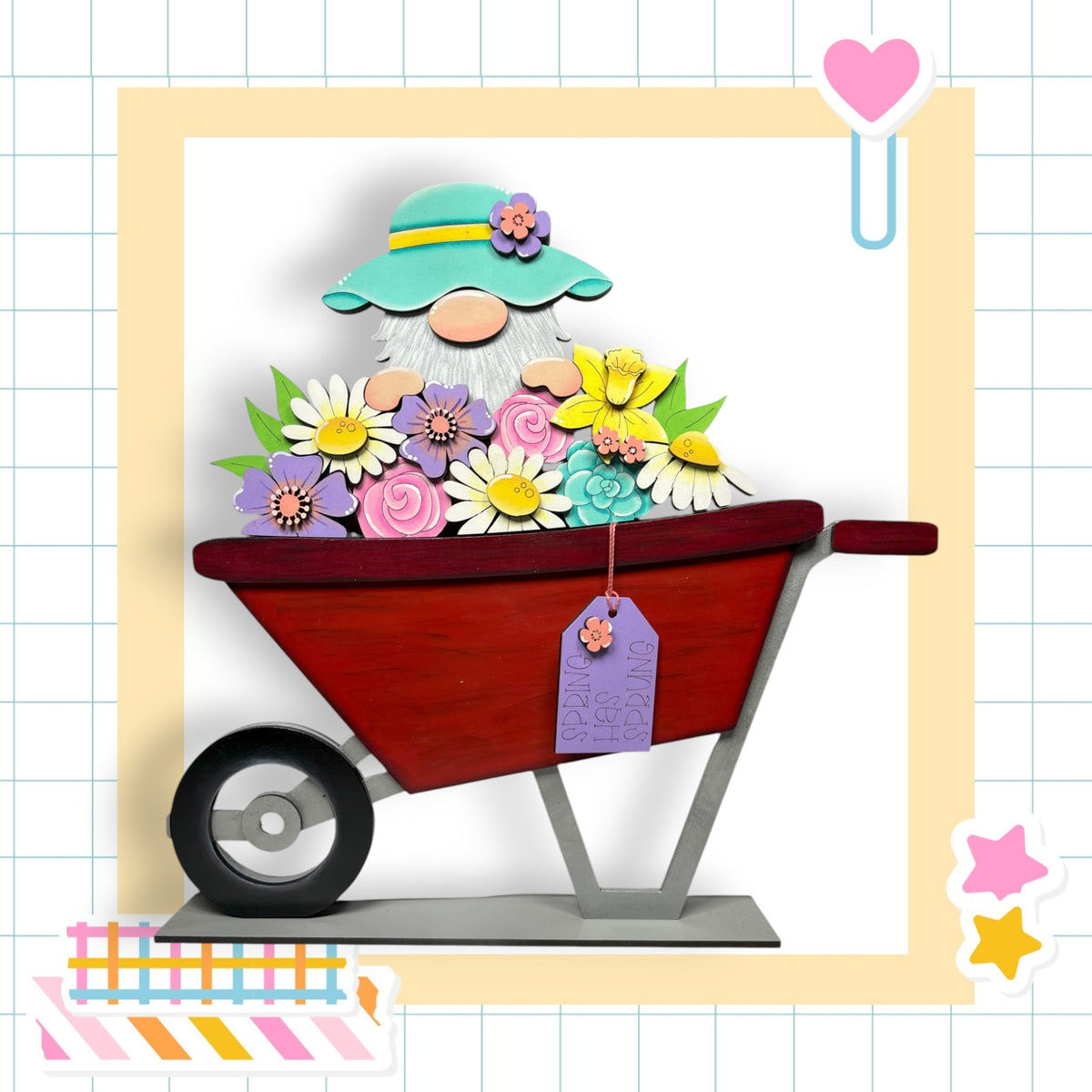 a card with a picture of an old man in a wheelbarrow with flowers