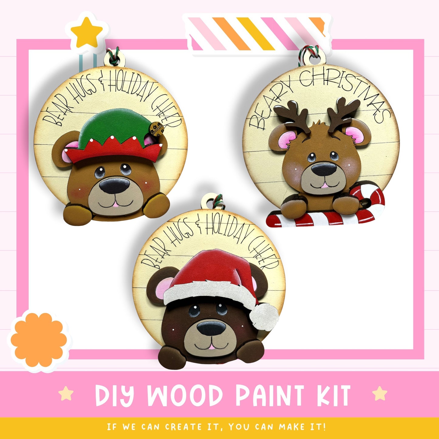three wooden ornaments with bear faces, each wearing a different holiday-themed hat. The text on the ornaments reads "BEAR HUGS & HOLIDAY CHEER".