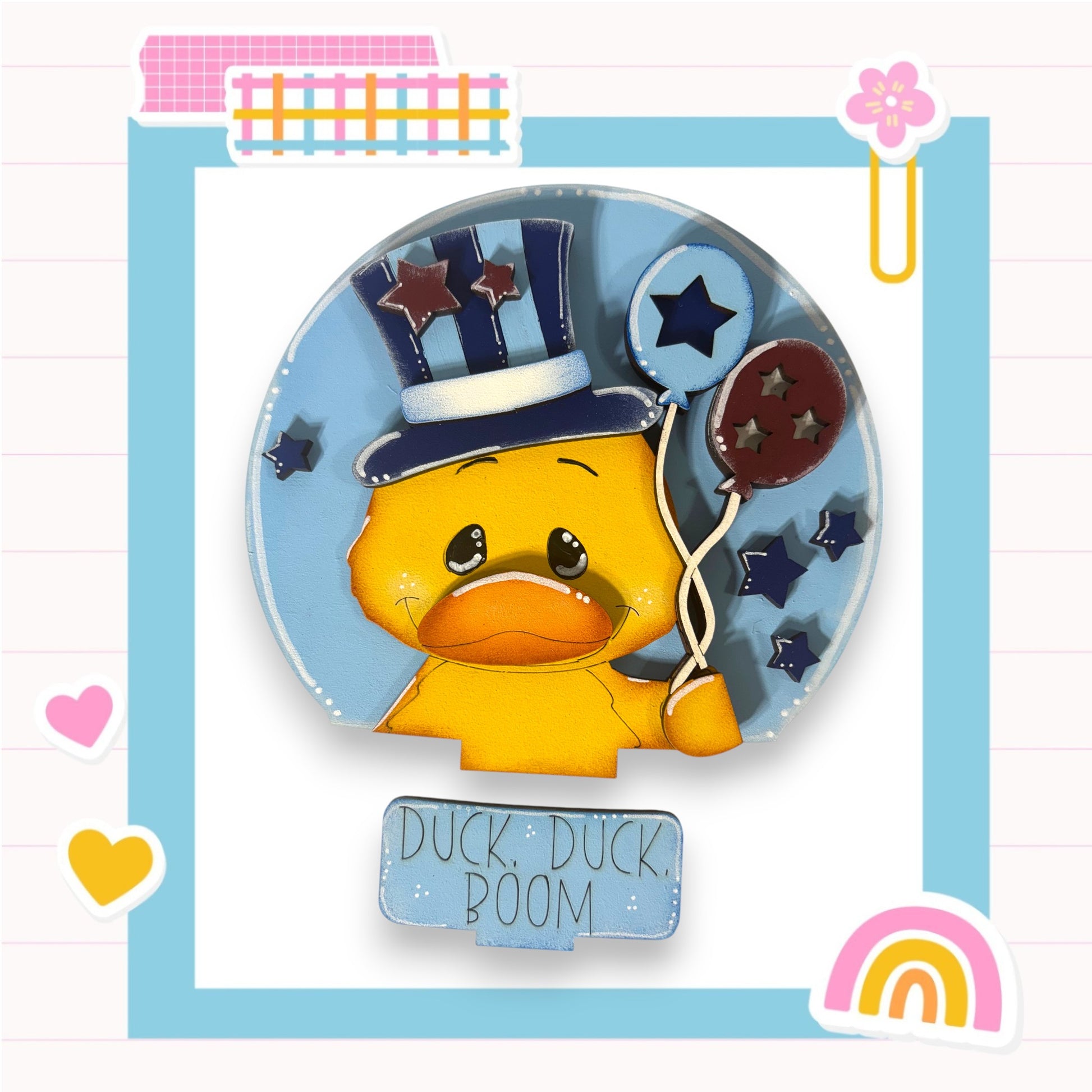 A cheerful yellow duck wearing a top hat and holding a balloon, surrounded by various colorful and whimsical elements such as hearts, stars, and a rainbow.