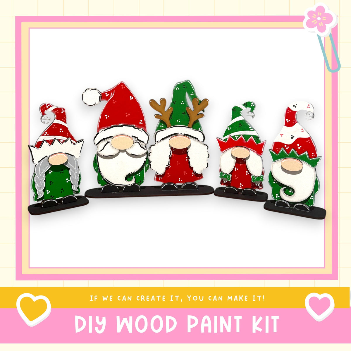 A group of five colorful gnome figurines, each with unique hats and clothing, arranged in a row against a white background.