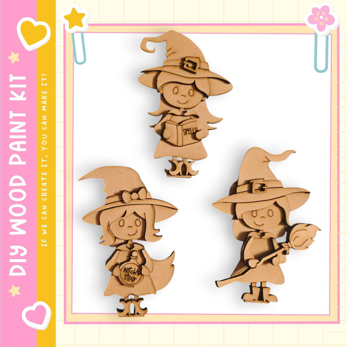 three wooden cutouts of girls wearing witch hats, each holding a different object, such as a book and a wand.