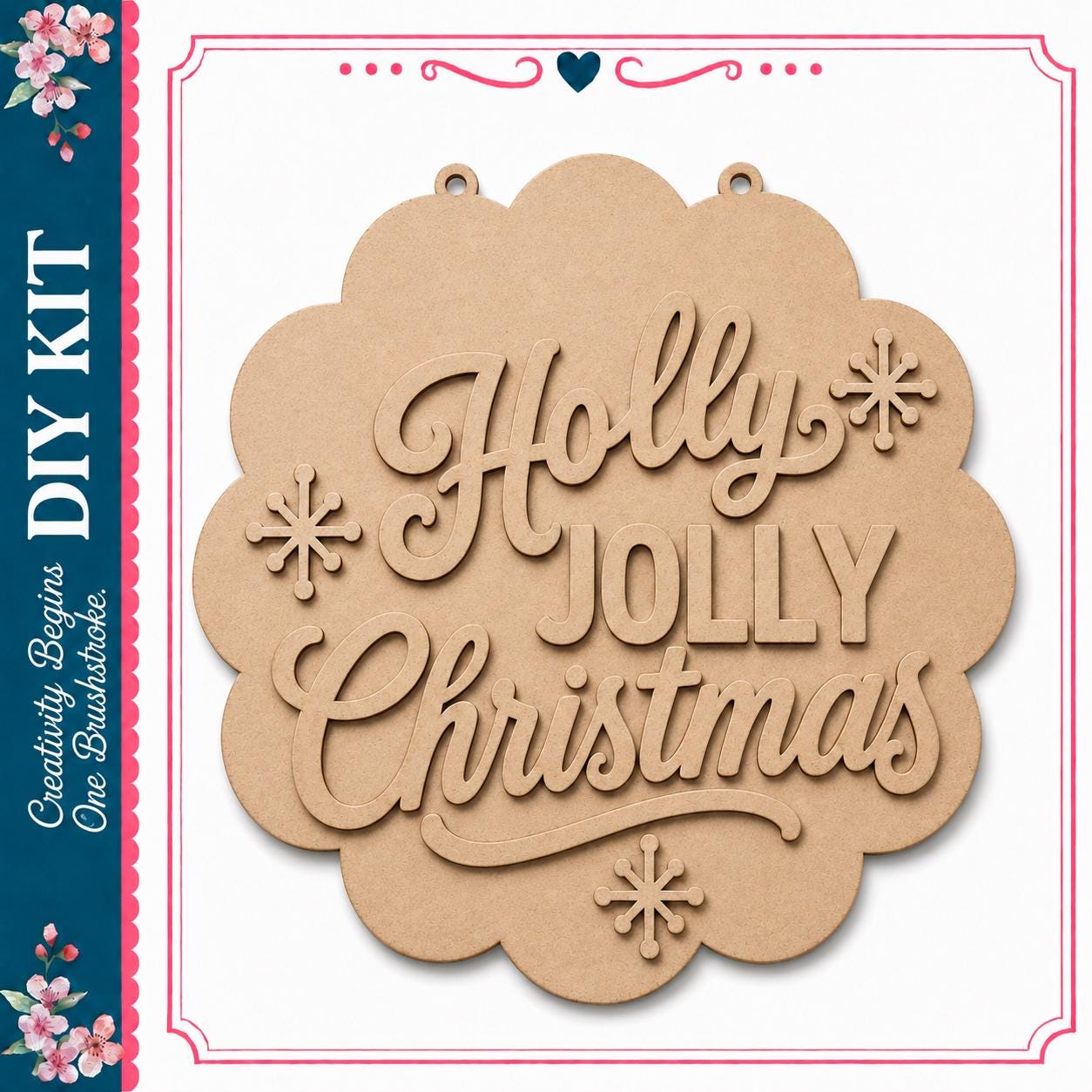 a DIY kit for creating a "Holly Jolly Christmas" sign. The kit includes a wooden sign with the text "Holly Jolly Christmas" and decorative snowflakes.