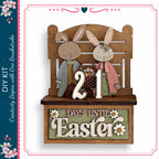 A wooden sign with the number "21" and the text "DAYS UNTIL EASTER" on it, along with two cartoon rabbit figures dressed in formal attire.