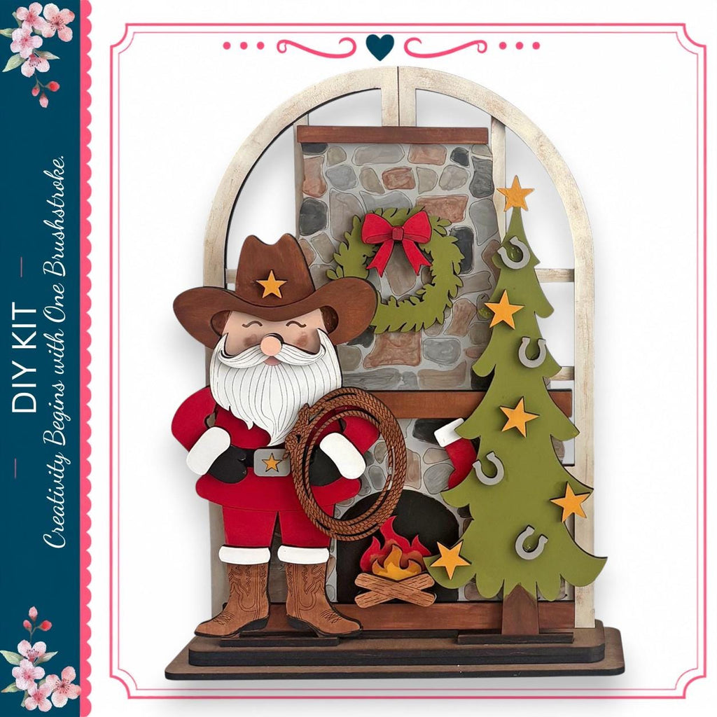 A wooden Santa Claus figure holding a lasso stands in front of a Christmas tree and wreath, with a brick fireplace and a wreath above the fireplace.