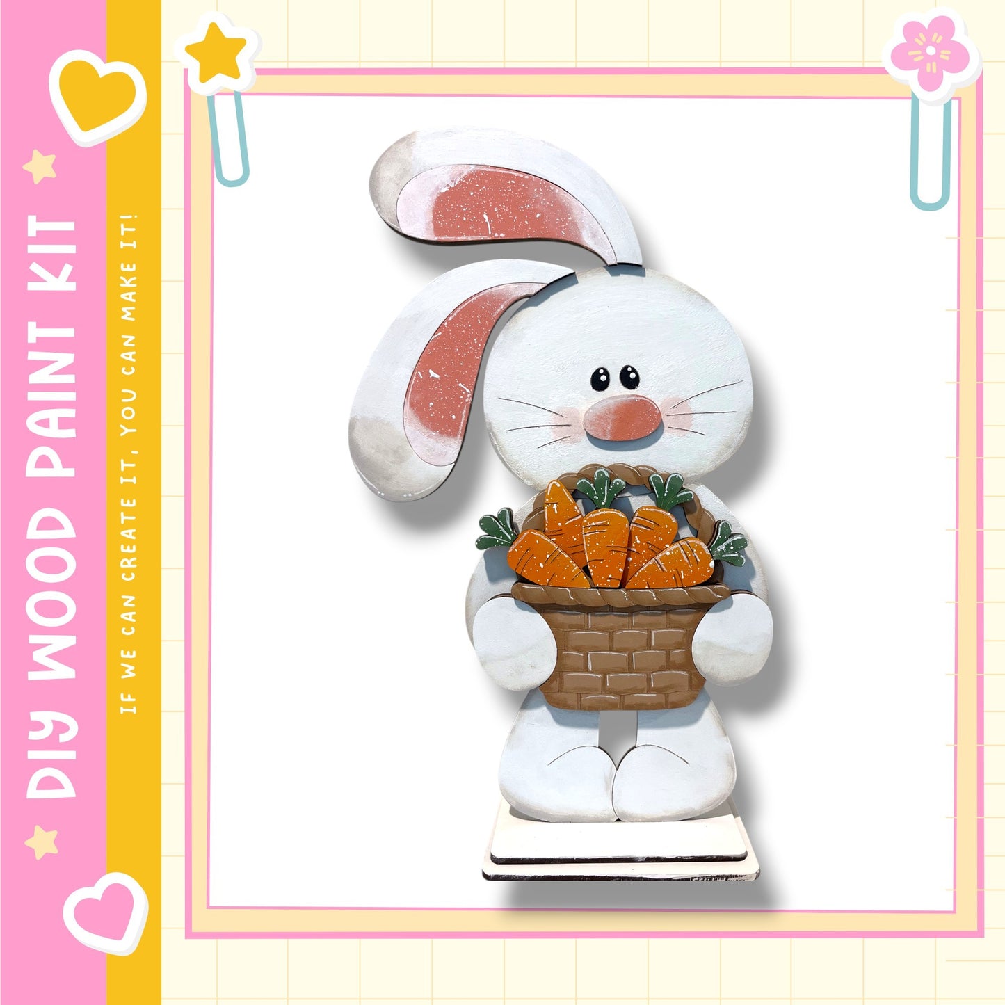 A wooden toy rabbit holding a basket of carrots.
