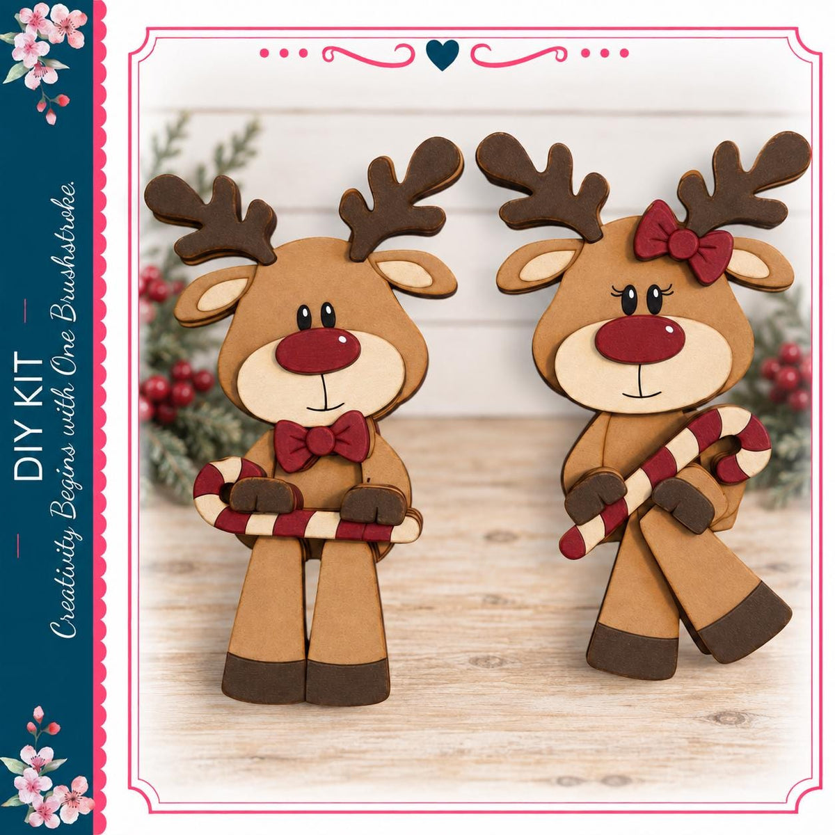 two wooden reindeer figures holding candy canes, set against a background of pine branches and red berries.