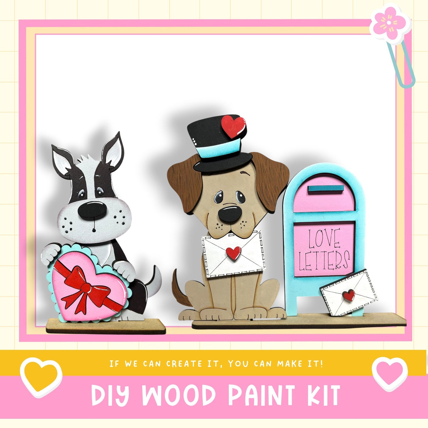 two wooden toy dogs, one holding a heart-shaped object and the other holding a letter, standing next to a mailbox labeled "LOVE LETTERS".