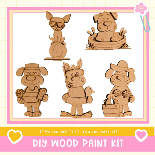 The image is a collage of five wooden animal figurines, including a dog, cat, and other animals, along with a wooden boat and a bird. The text below the image reads "DIY WOOD PAINT KIT" and "If we can create it, you can make it!"