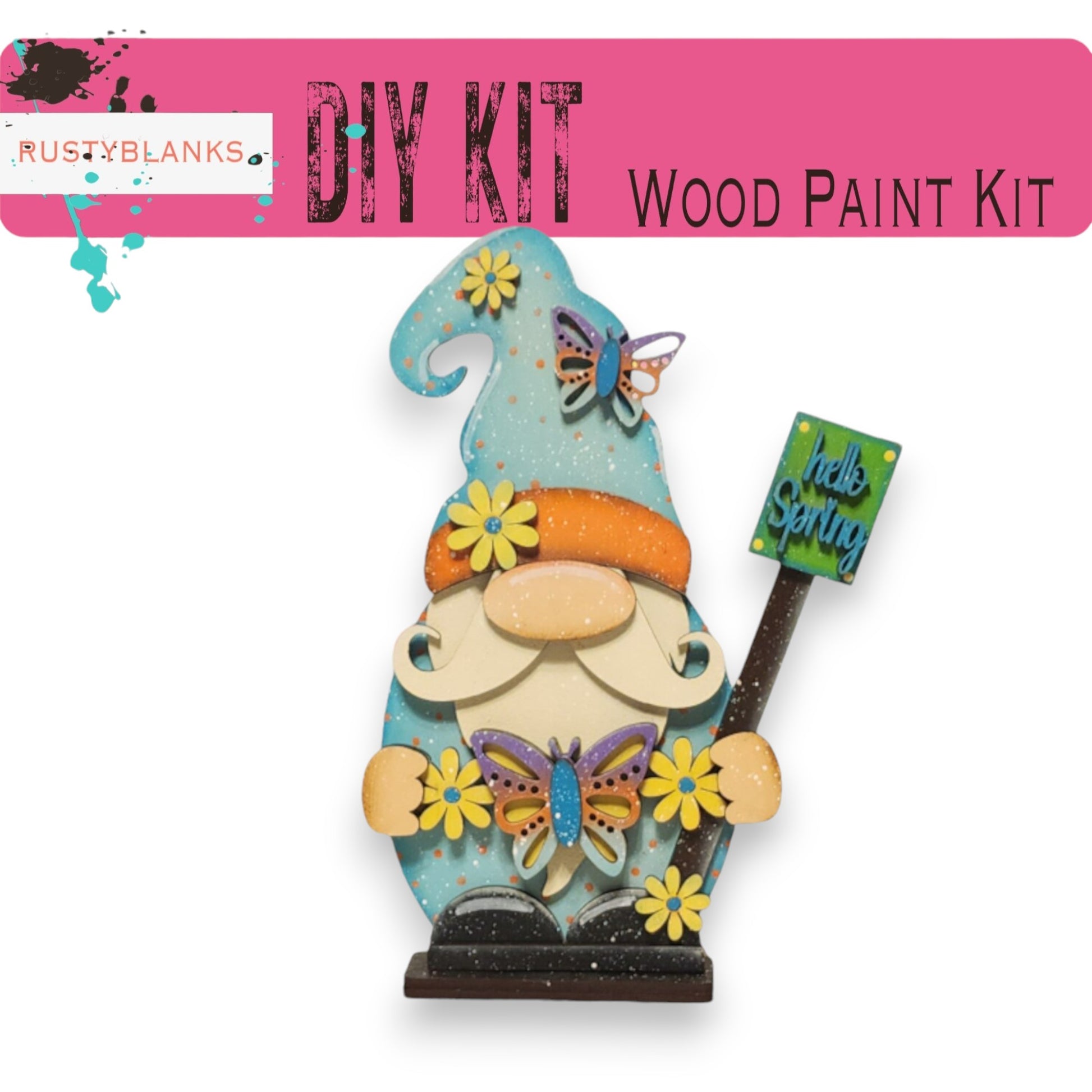 a wooden craft kit with a gnome holding a stick