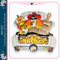 A wooden truck bed decorated with a Thanksgiving-themed cutout, including a turkey, pumpkin, and a sign that says "Family Recipes".