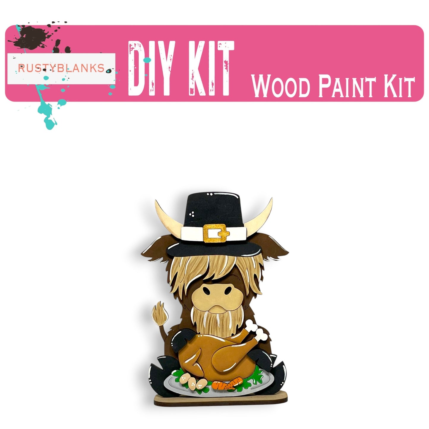 a wooden craft kit with a picture of a cow wearing a hat and holding a