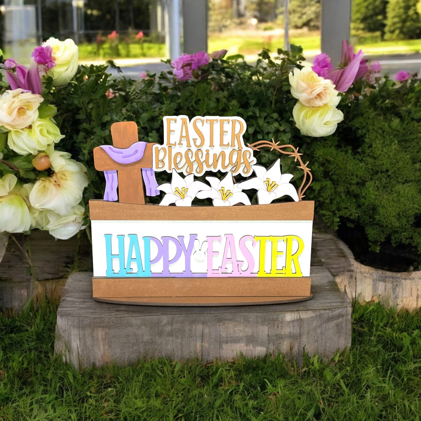 a sign that says happy easter in front of some flowers