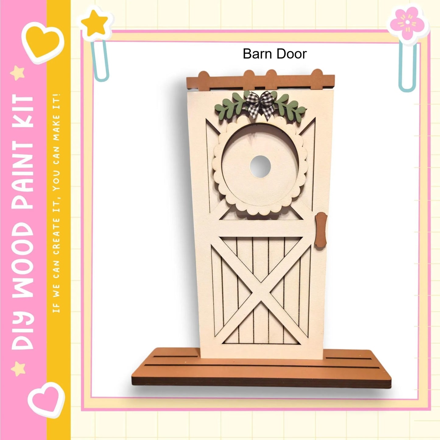 a wooden door with a decorative wreath and a bow on top, set against a pink and yellow background with a heart and star motif.