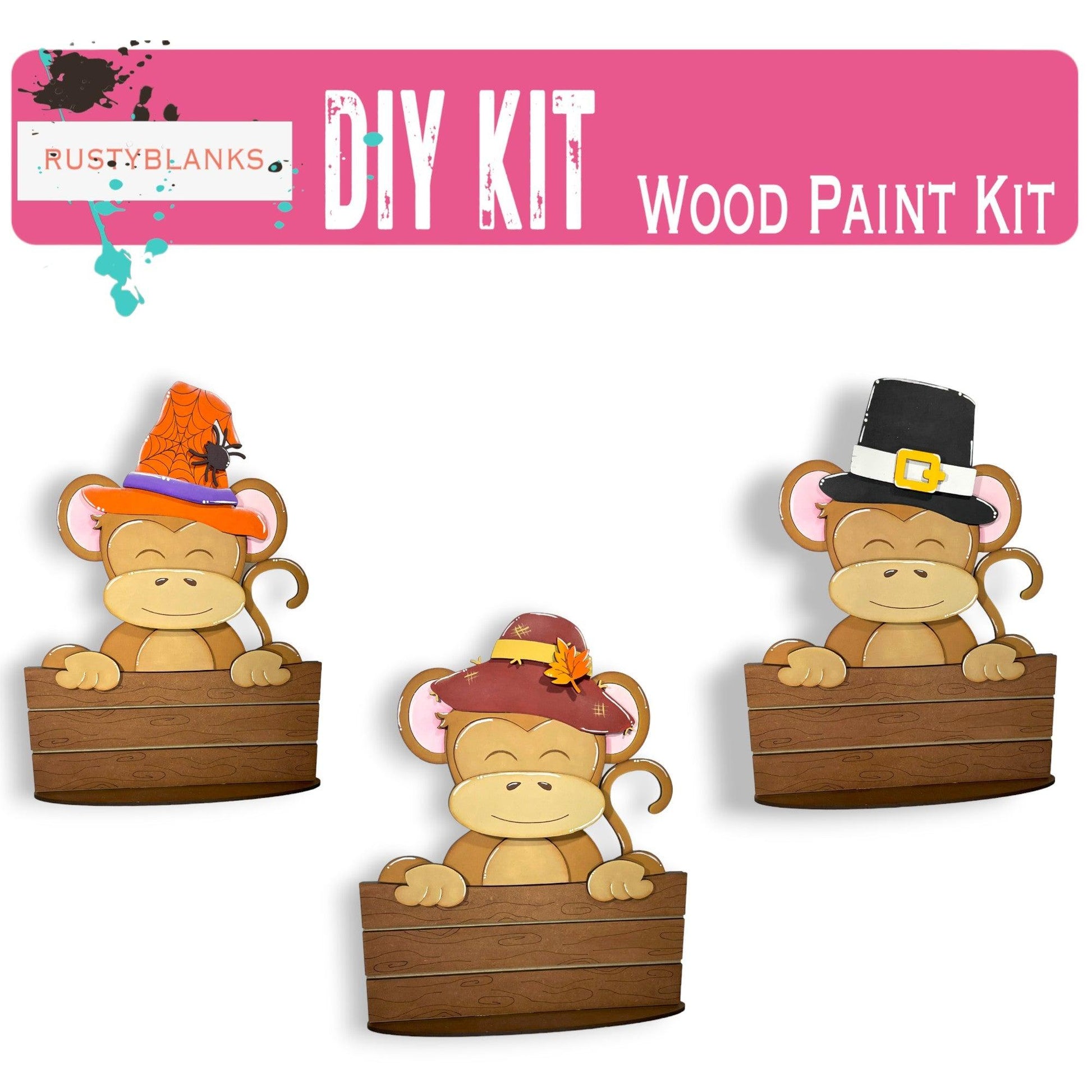 a set of three wooden monkeys wearing hats