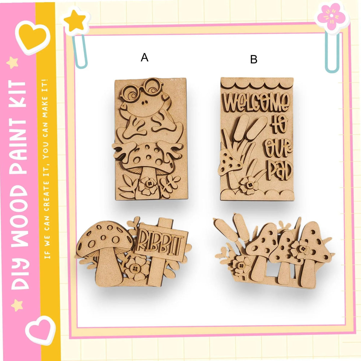 four wooden cutouts, each depicting a different mushroom-like creature, including a frog, a rabbit, and a bird. The cutouts are arranged in a square frame, with a pink and yellow border.