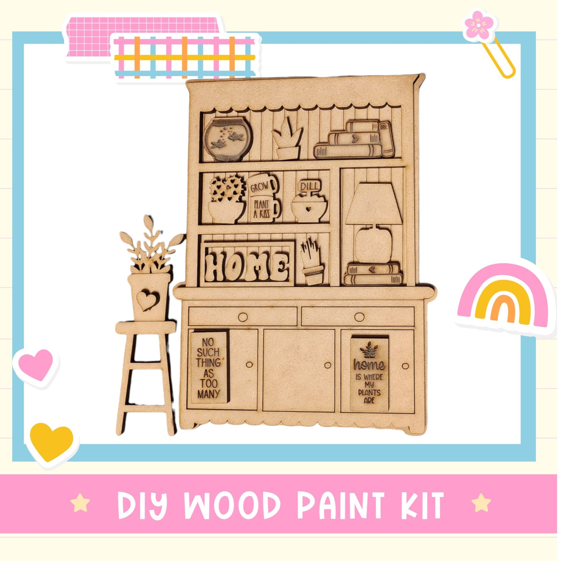 The image is a DIY wood paint kit featuring a wooden cabinet with various items such as a lamp, books, and a plant.