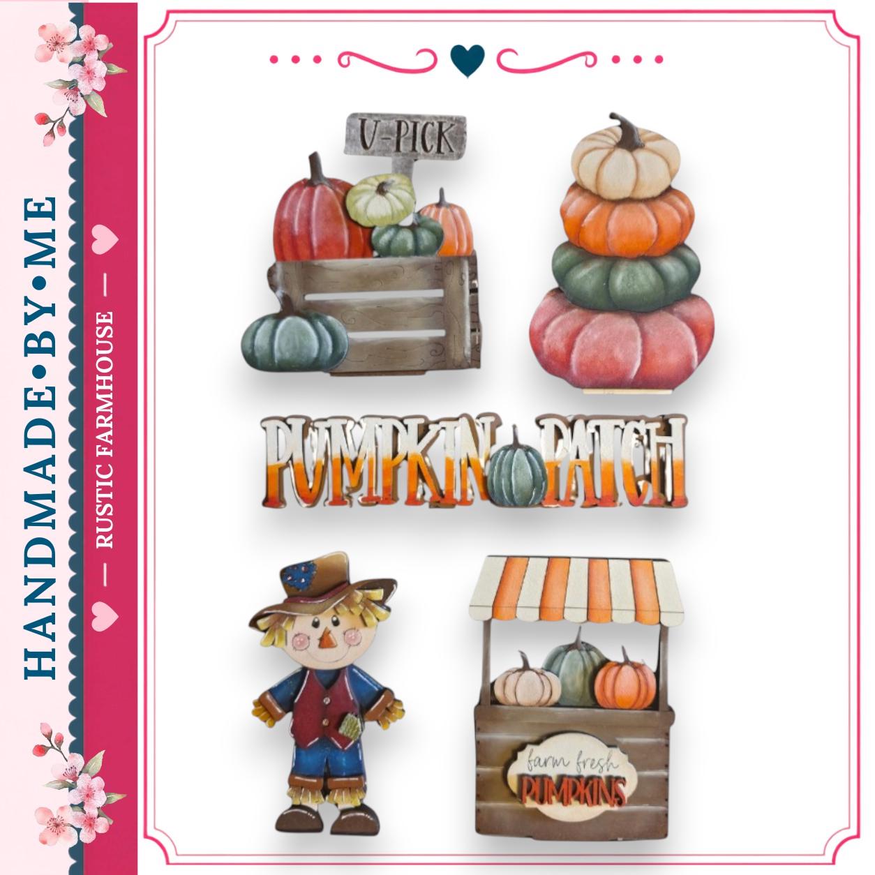 The image is a collage of various fall-themed items, including pumpkins, a scarecrow, and a sign for a pumpkin patch.