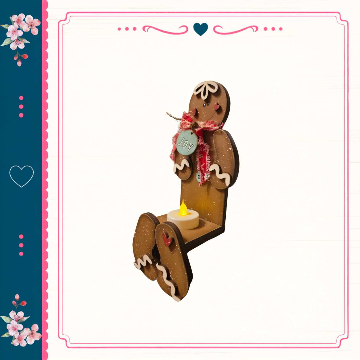 A wooden gingerbread man figure holding a lit candle, set against a white background with a decorative border.