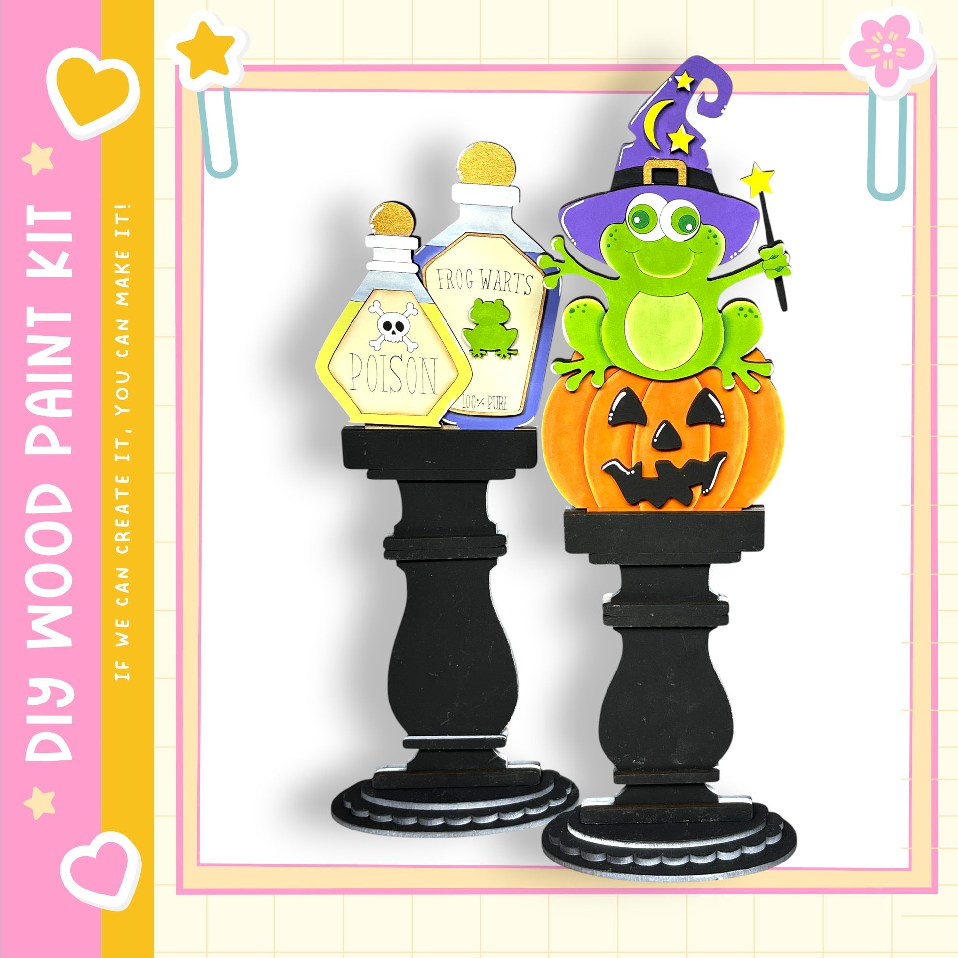 a Halloween-themed paint kit with a frog, a pumpkin, and a bottle of poison. The kit appears to be designed for creating Halloween decorations or costumes.