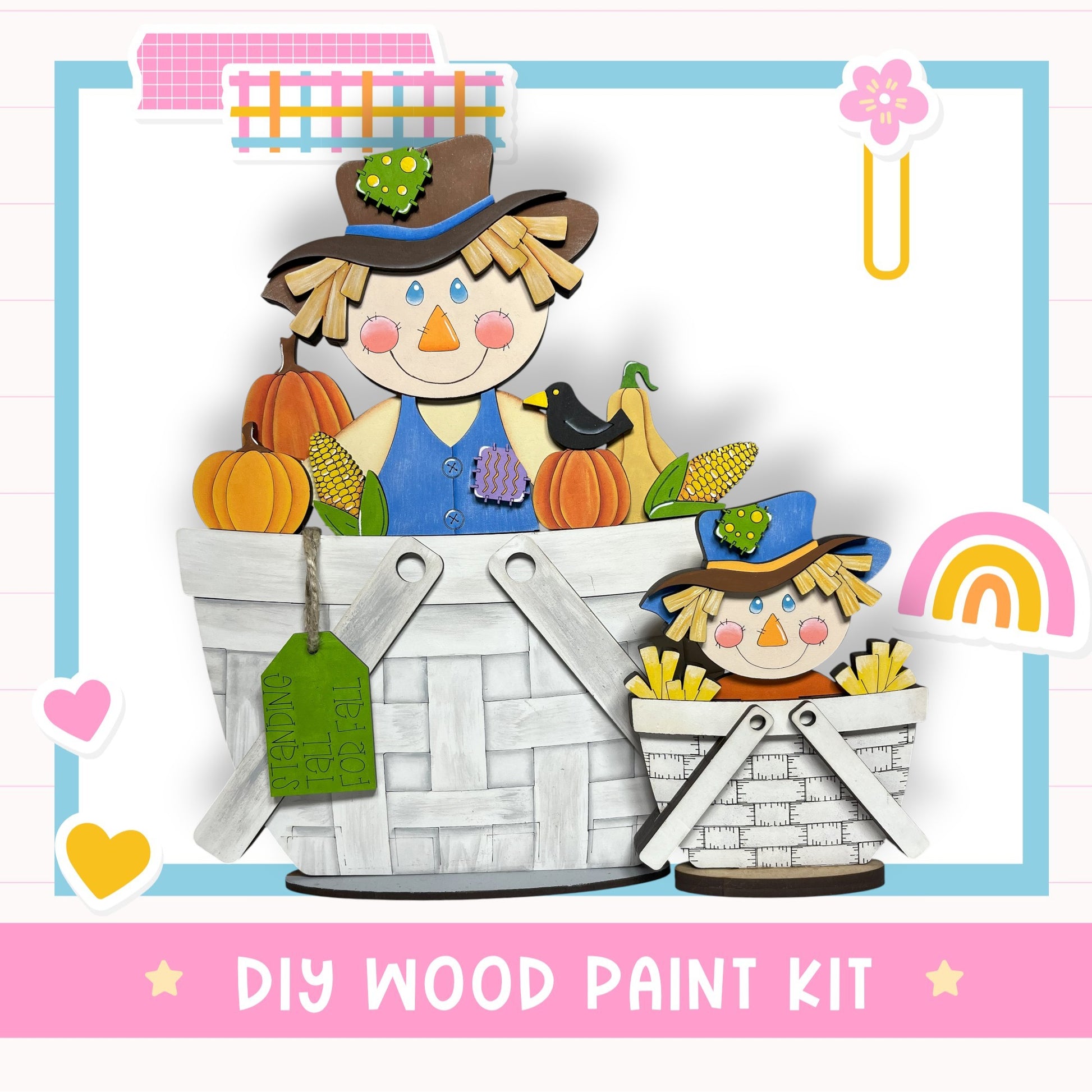 The image is a colorful illustration featuring a scarecrow and a basket filled with pumpkins and corn, along with other fall-themed elements such as a rainbow and a flower.