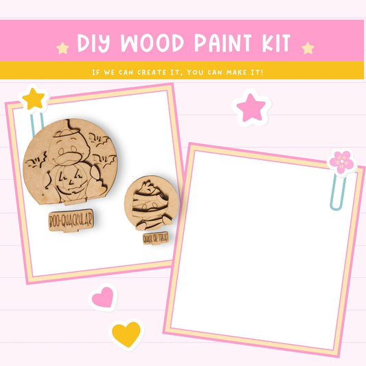 The image is a DIY wood paint kit with a pink background and a star. It features a wooden pumpkin and a wooden star, along with a blank white frame.