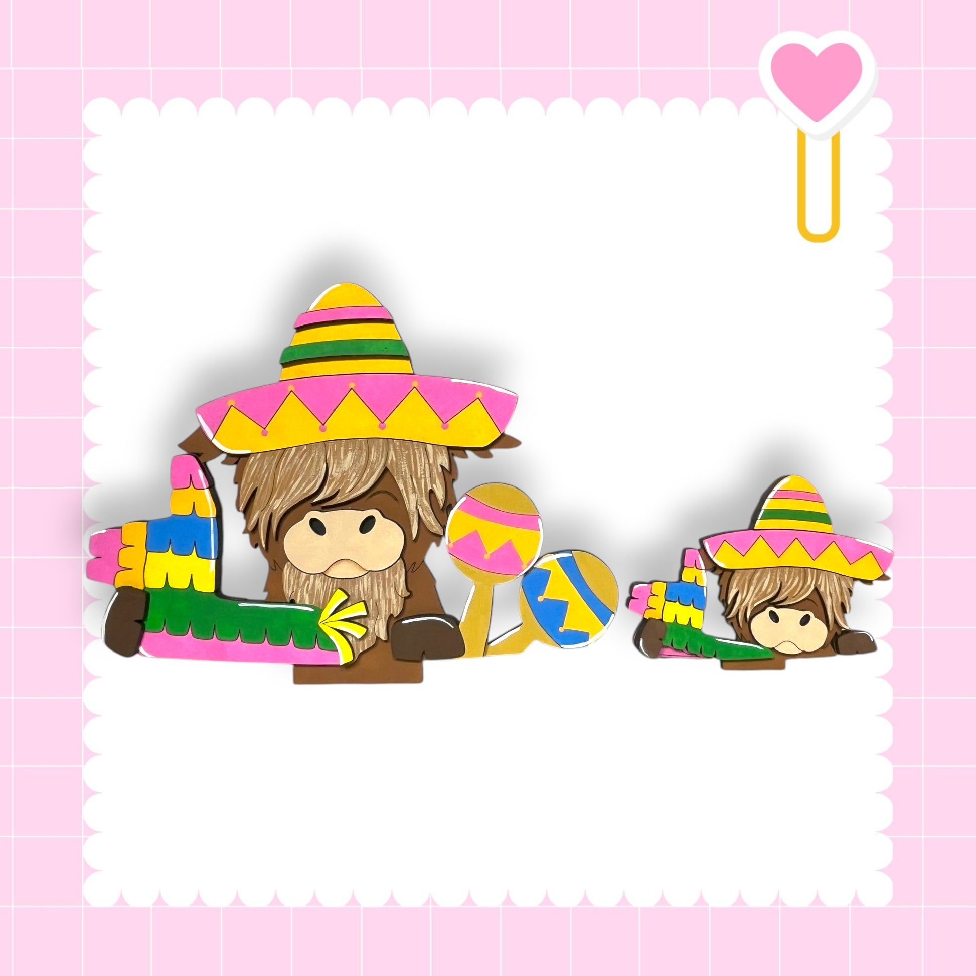 a cartoon illustration of a brown bear wearing a sombrero and holding a poncho, with a pink heart-shaped decoration on the right side.