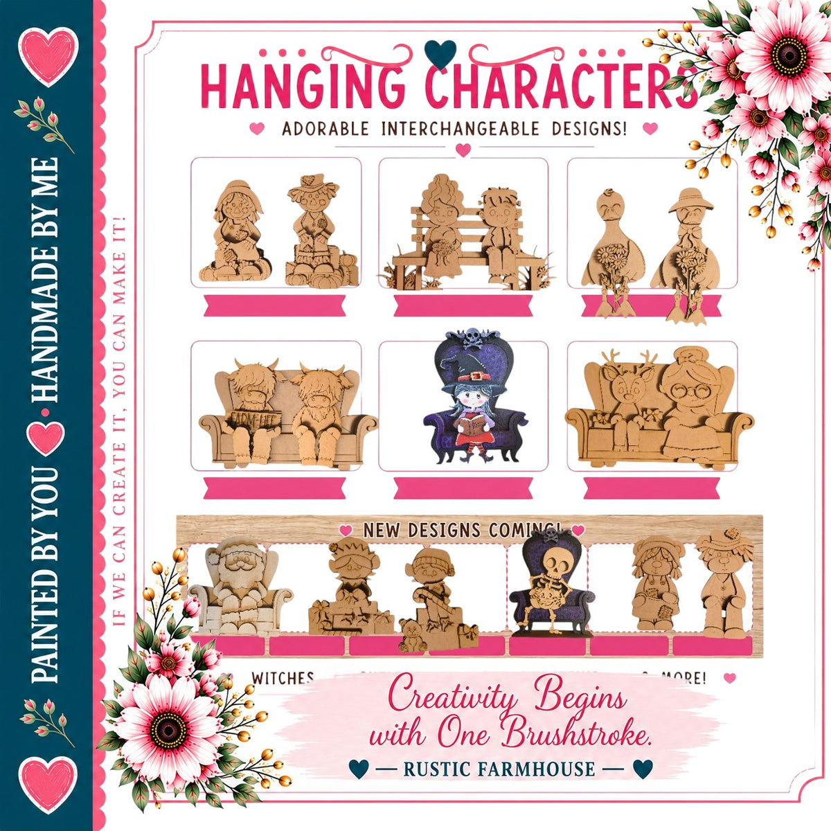 The image is a collage of various wooden character designs, including people, animals, and other wooden figures, arranged in a visually appealing manner.