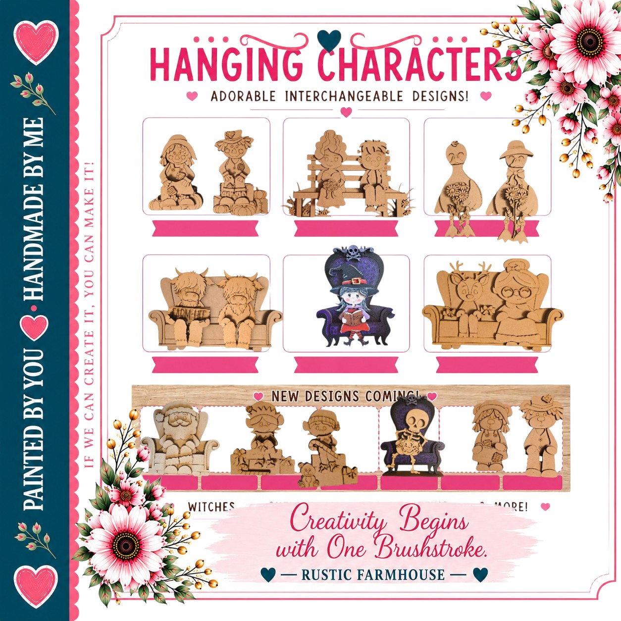The image is a collage of various wooden character designs, including people, animals, and other wooden figures, arranged in a visually appealing manner.
