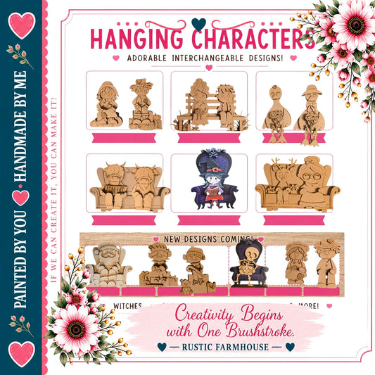 The image is a collage of various wooden character designs, including people, animals, and other wooden figures, arranged in a visually appealing manner.