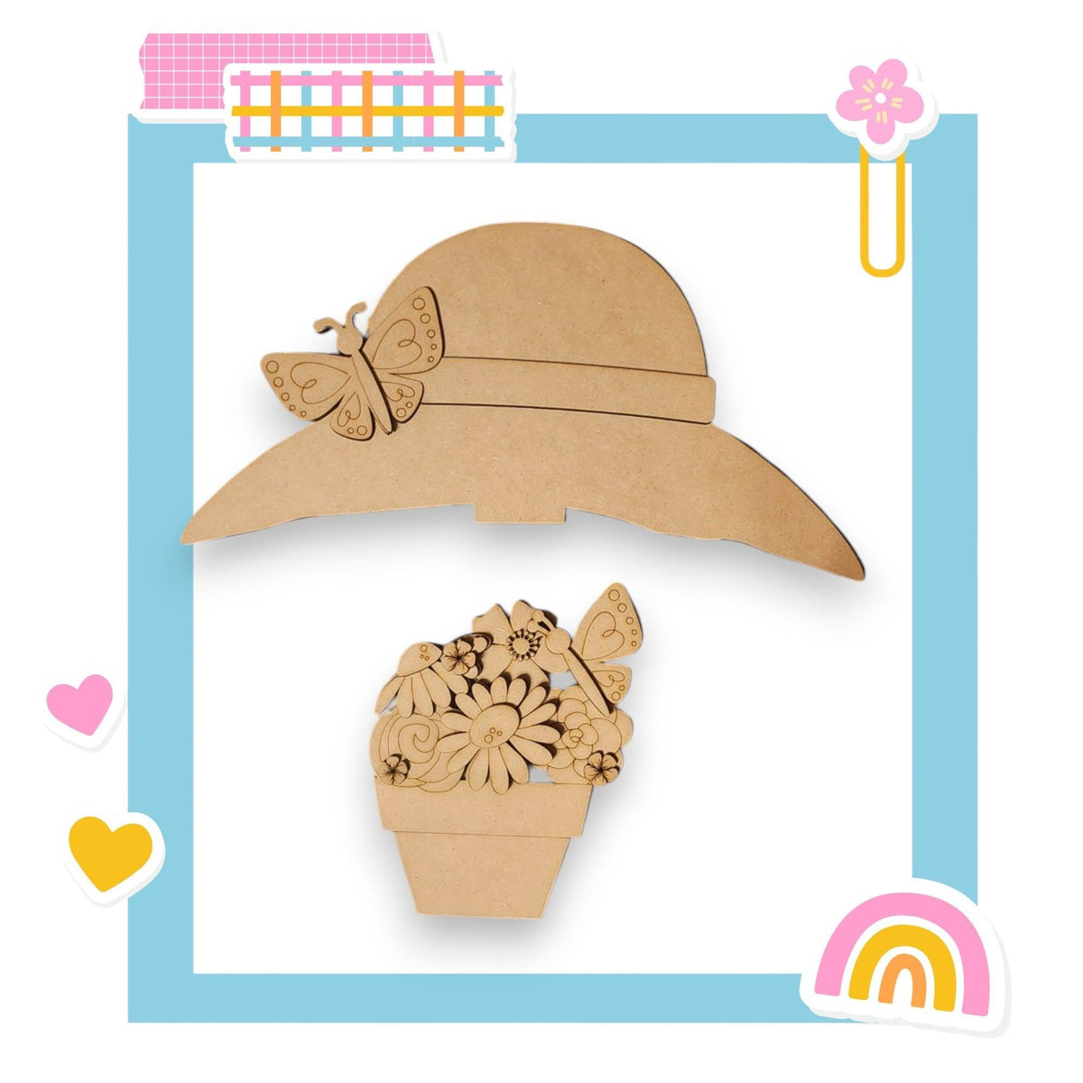a wooden cutout of a hat and a flower pot