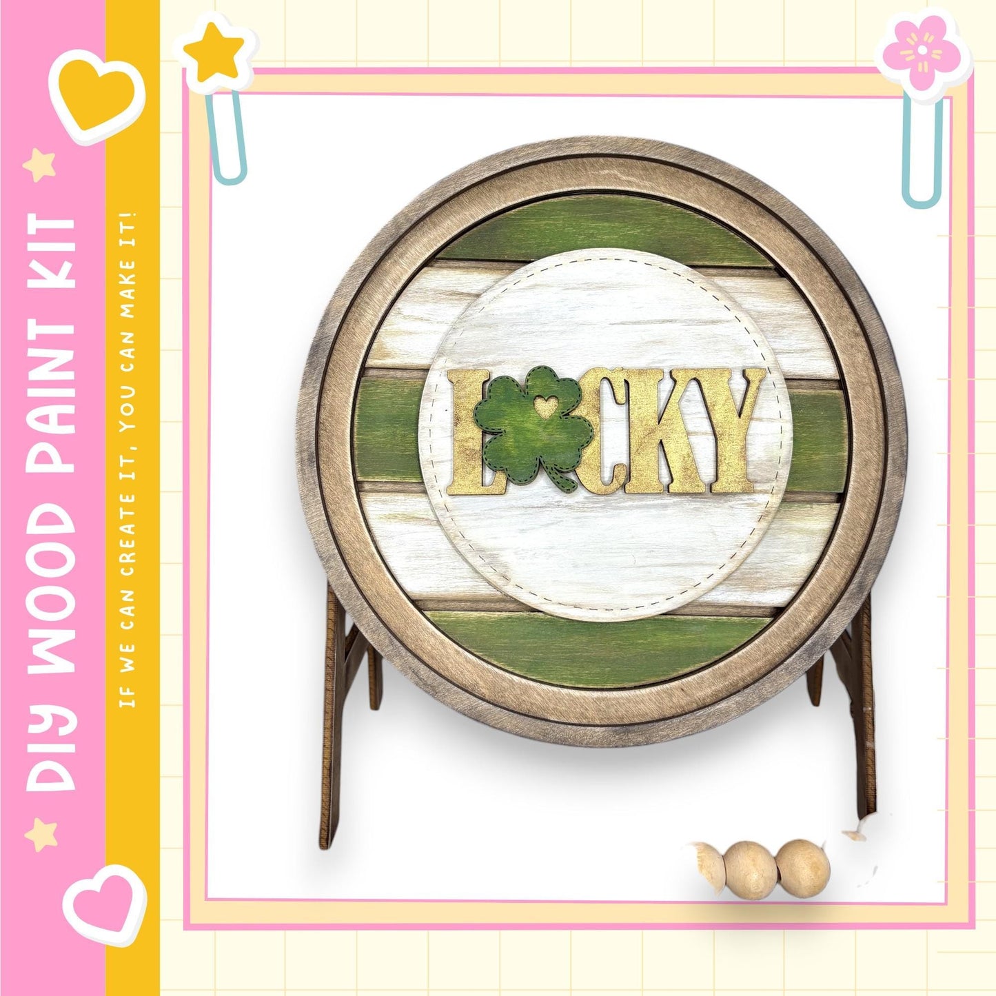 a wooden barrel with the word "Lucky" written on it, surrounded by a decorative border.