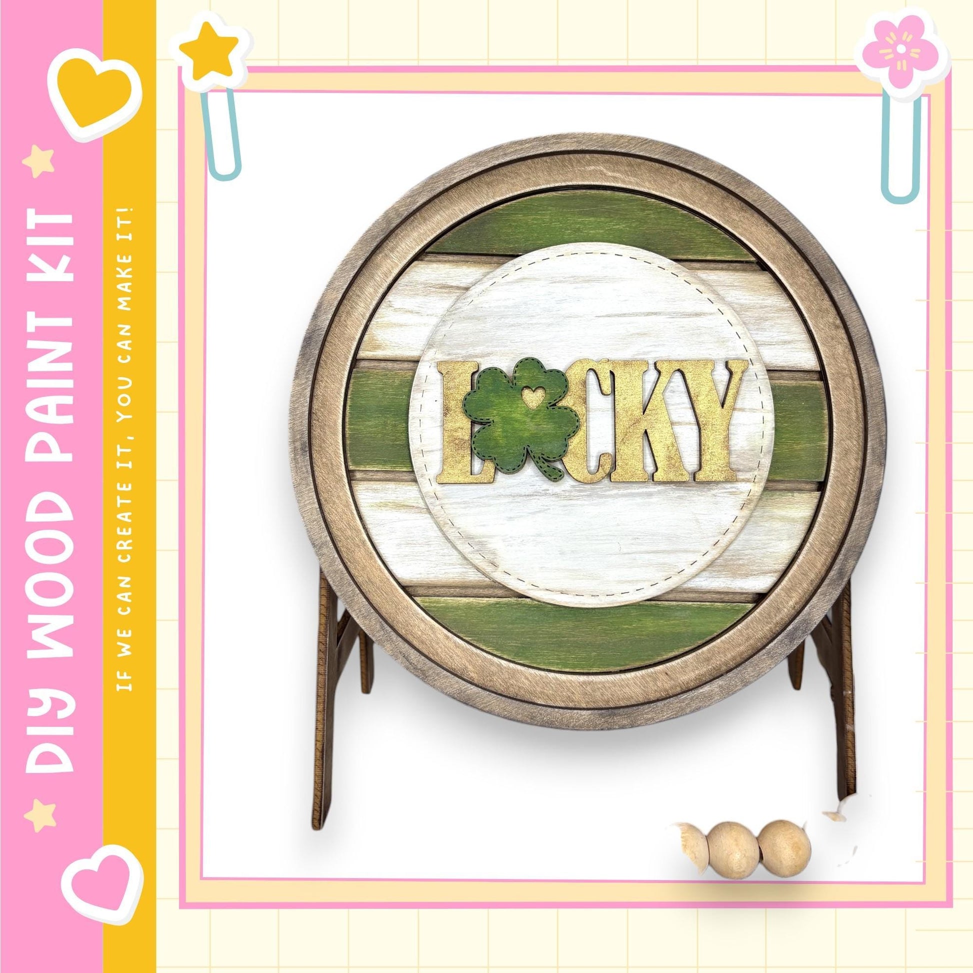 a wooden barrel with the word "Lucky" written on it, surrounded by a decorative border.