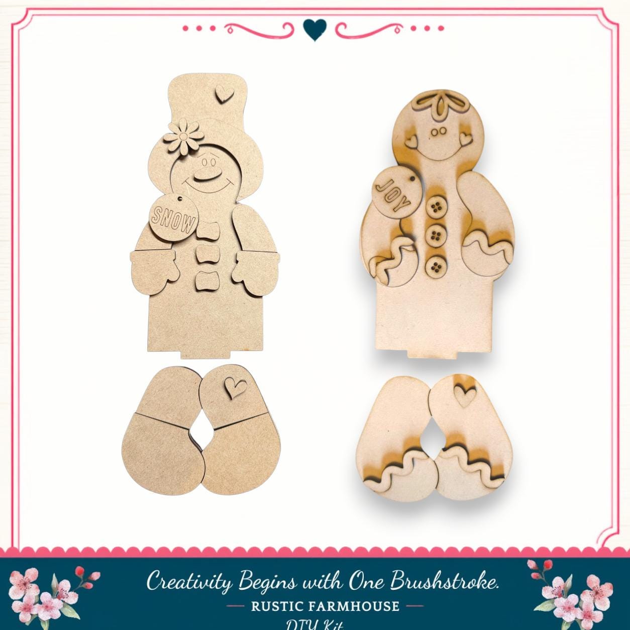two wooden cutouts of snowmen, one with a flower and the other with a heart, both featuring a snowman's head and arms.