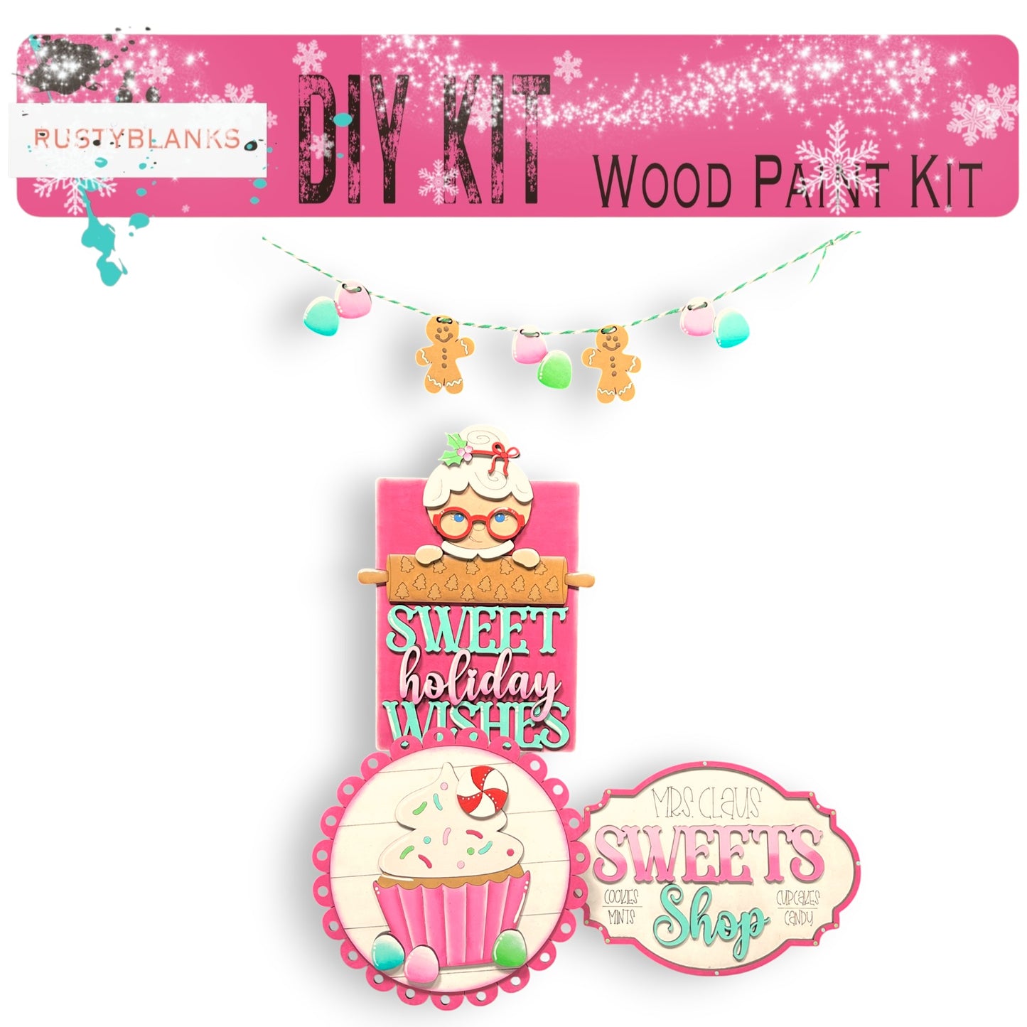 a pink wooden sign with a cupcake and a bunt cake hanging from it