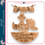 The image is a wooden carving depicting a Thanksgiving scene with a young boy, a turkey, pumpkins, and a pie. The carving includes a carved turkey, a carved pumpkin, and a carved pie. The carving also features a carved pumpkin and a carved turkey. The carving is set against a white background, and the text "Happy Thanksgiving to you" is visible.