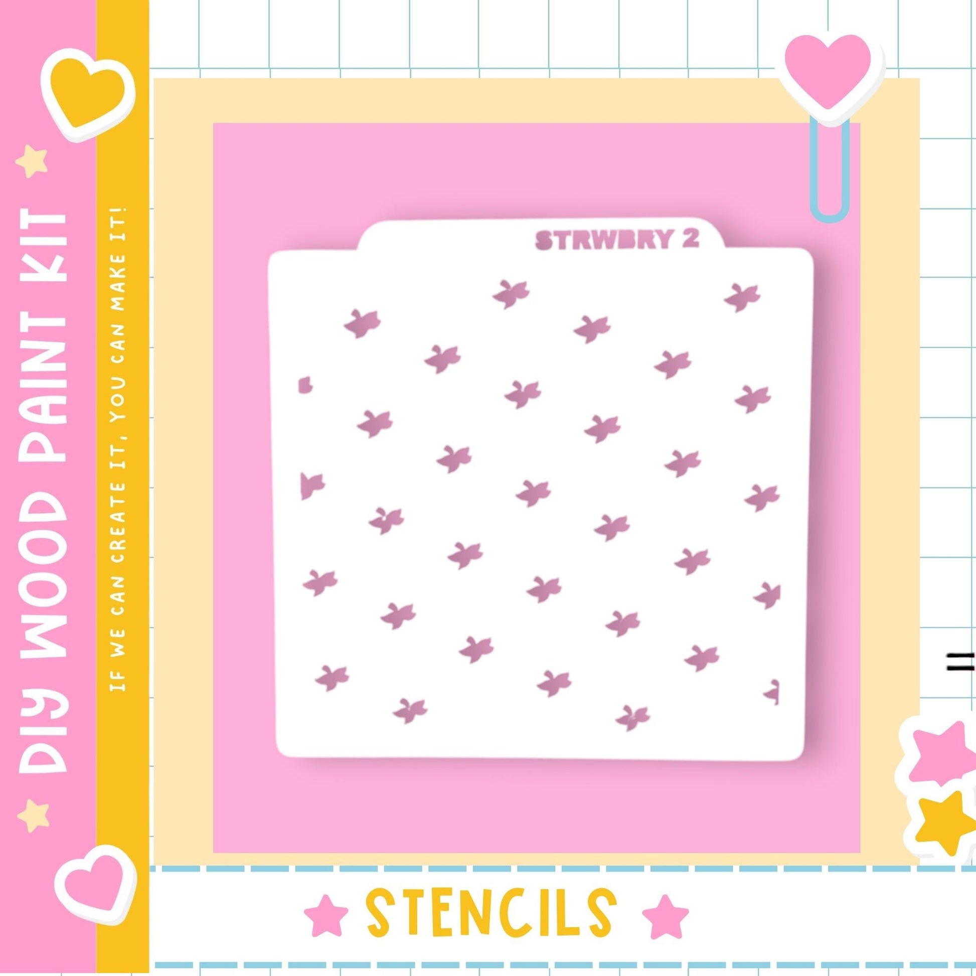 The image is a colorful and playful advertisement for a DIY wood paint kit, featuring a white stencil with a pattern of pink stars on a pink background.