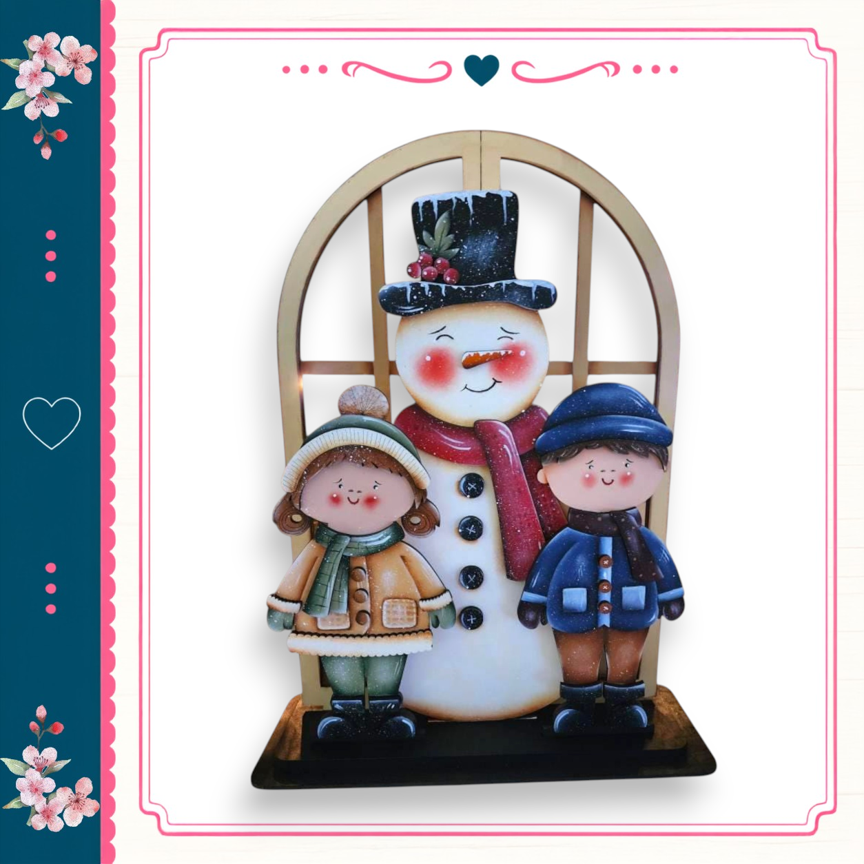 A snowman with two children standing beside it, all dressed in winter clothing.