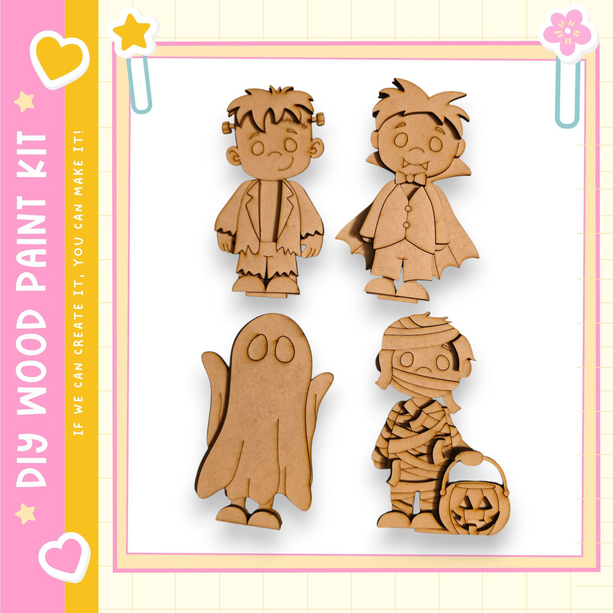 four wooden cutouts of children dressed in Halloween costumes, including a ghost, a mummy, a vampire, and a witch.