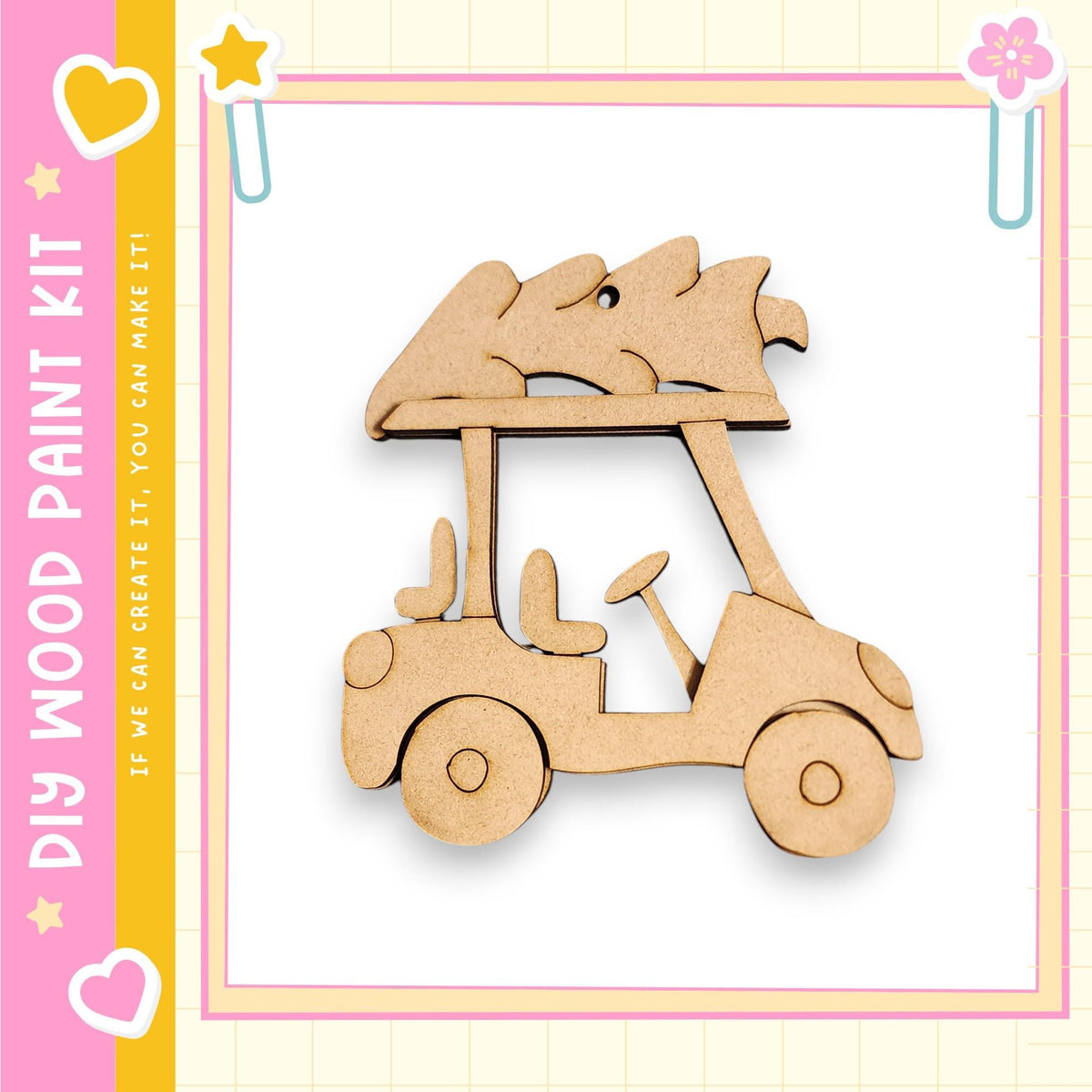 A wooden golf cart with a Christmas tree on top, presented in a colorful frame.